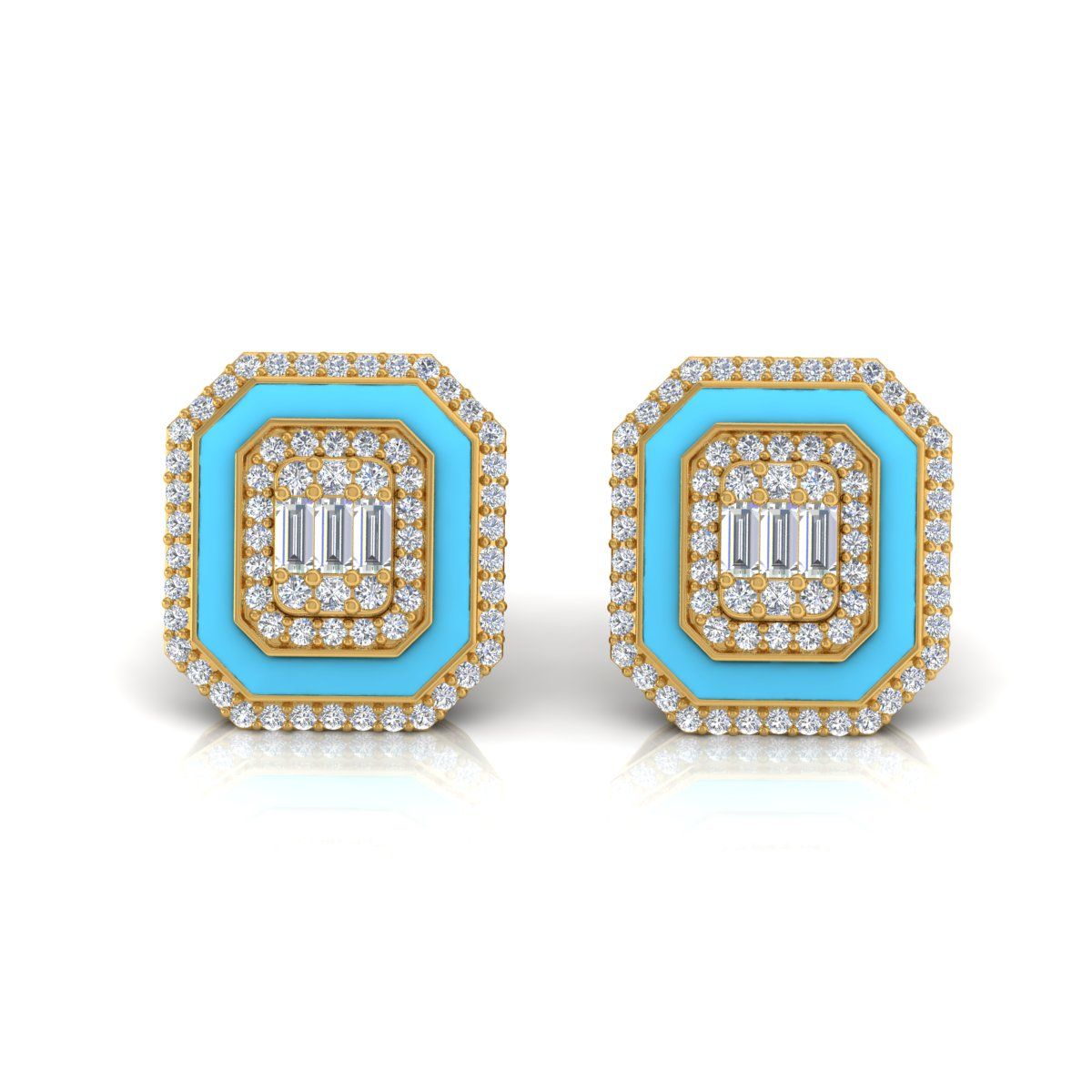 Solid 18k White Gold 0.9 Ct. SI/HI Diamond Pave Blue Enamel Stud Earrings