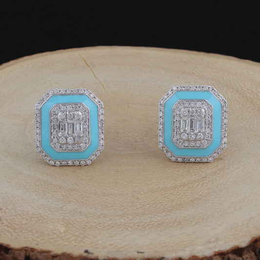 Solid 18k White Gold 0.9 Ct. SI/HI Diamond Pave Blue Enamel Stud Earrings