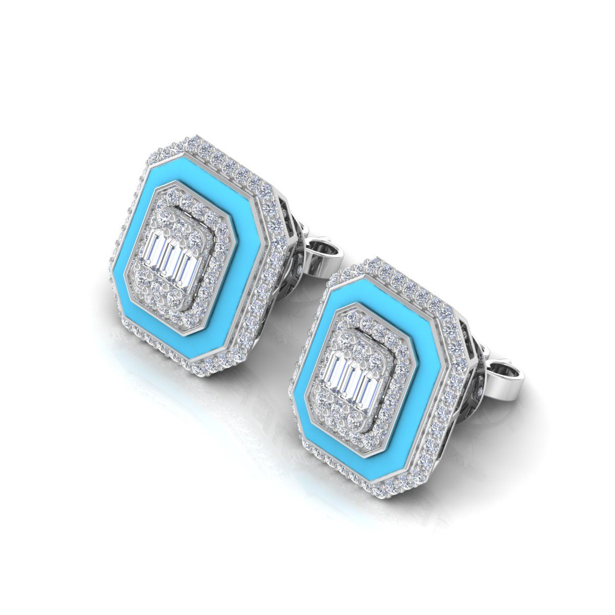 Solid 18k White Gold 0.9 Ct. SI/HI Diamond Pave Blue Enamel Stud Earrings