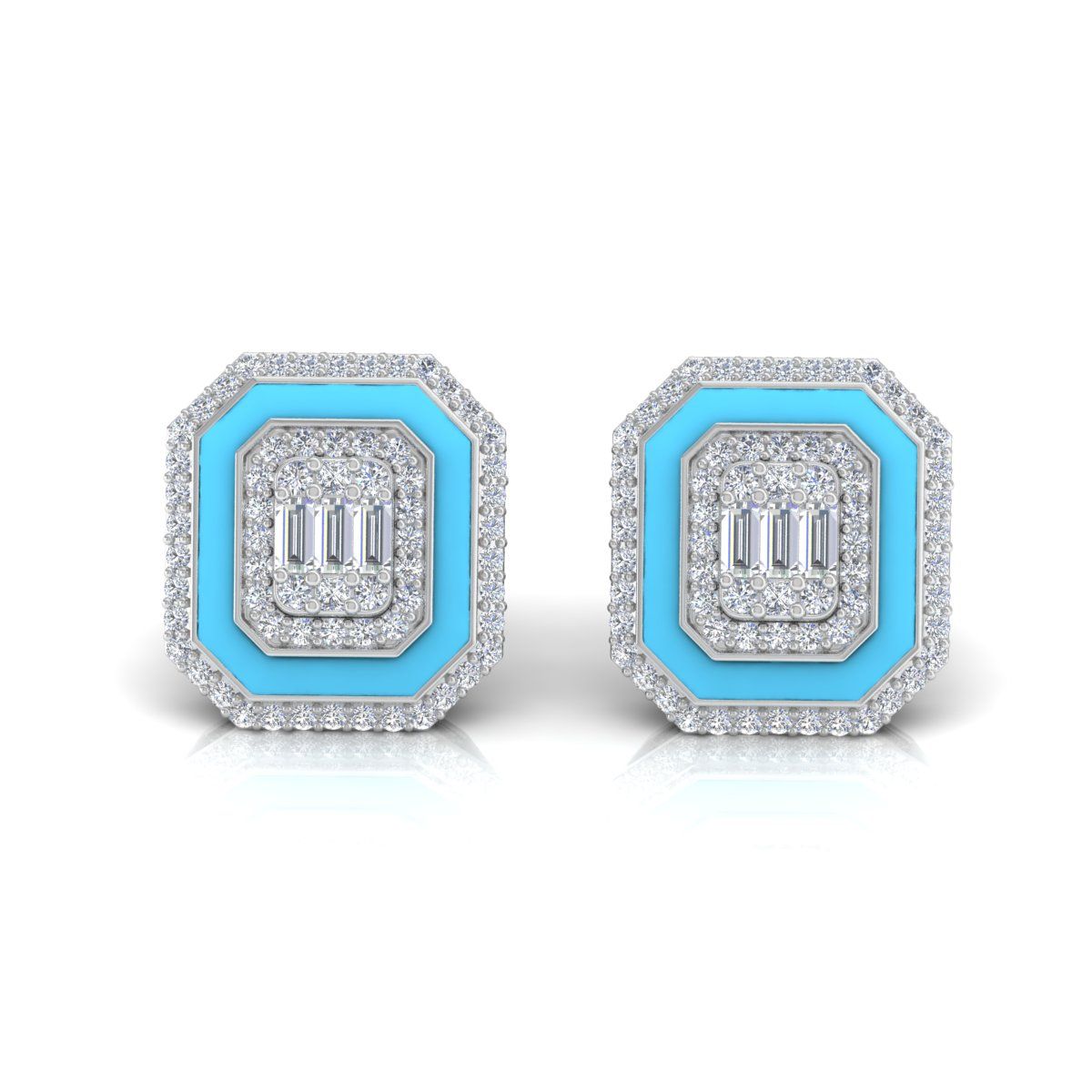 Solid 18k White Gold 0.9 Ct. SI/HI Diamond Pave Blue Enamel Stud Earrings