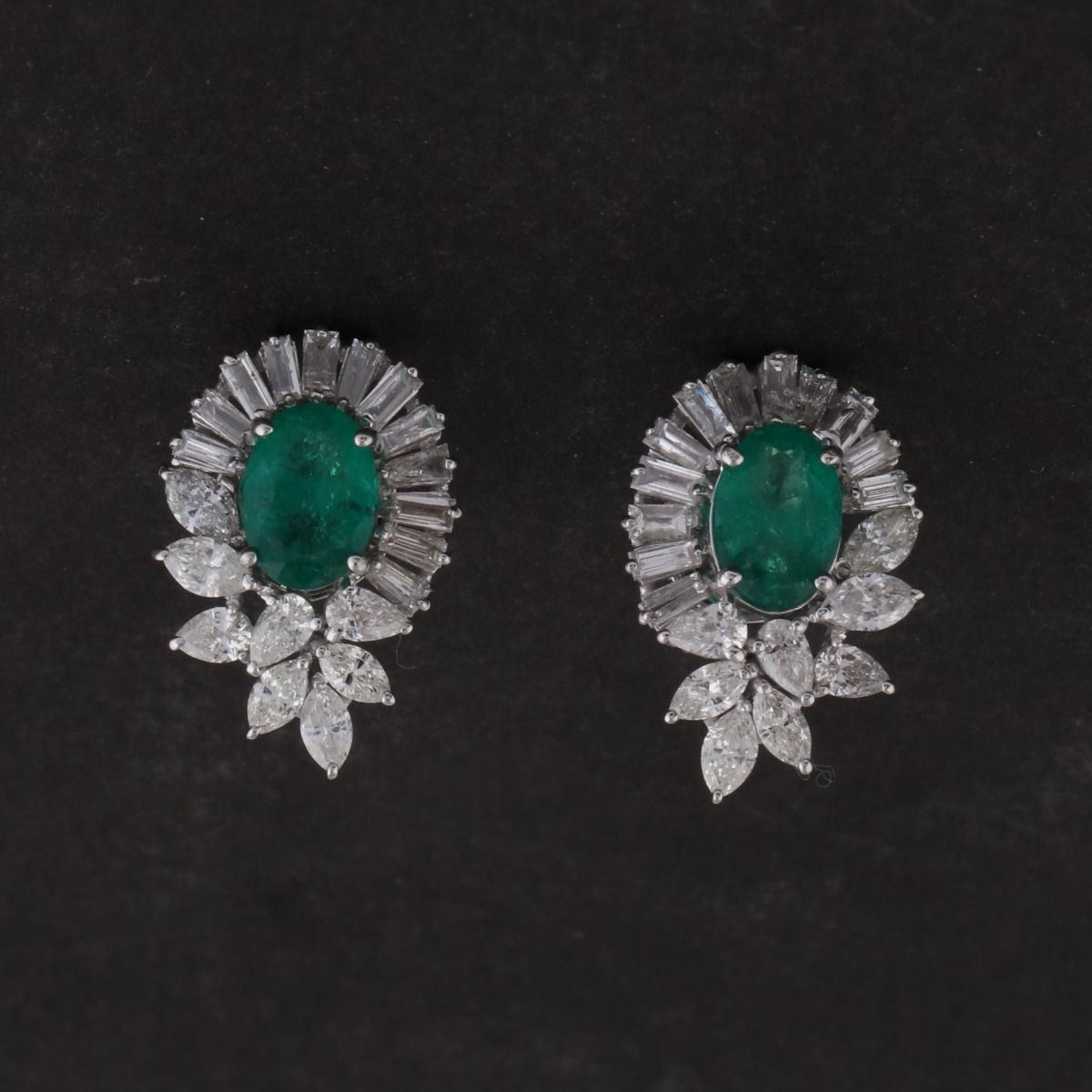 Oval Emerald Gemstone Baguette Pear Diamond 18k White Gold Stud Earrings