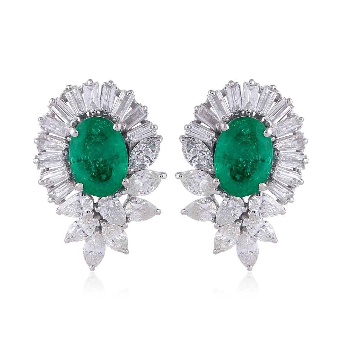 Oval Emerald Gemstone Baguette Pear Diamond 18k White Gold Stud Earrings