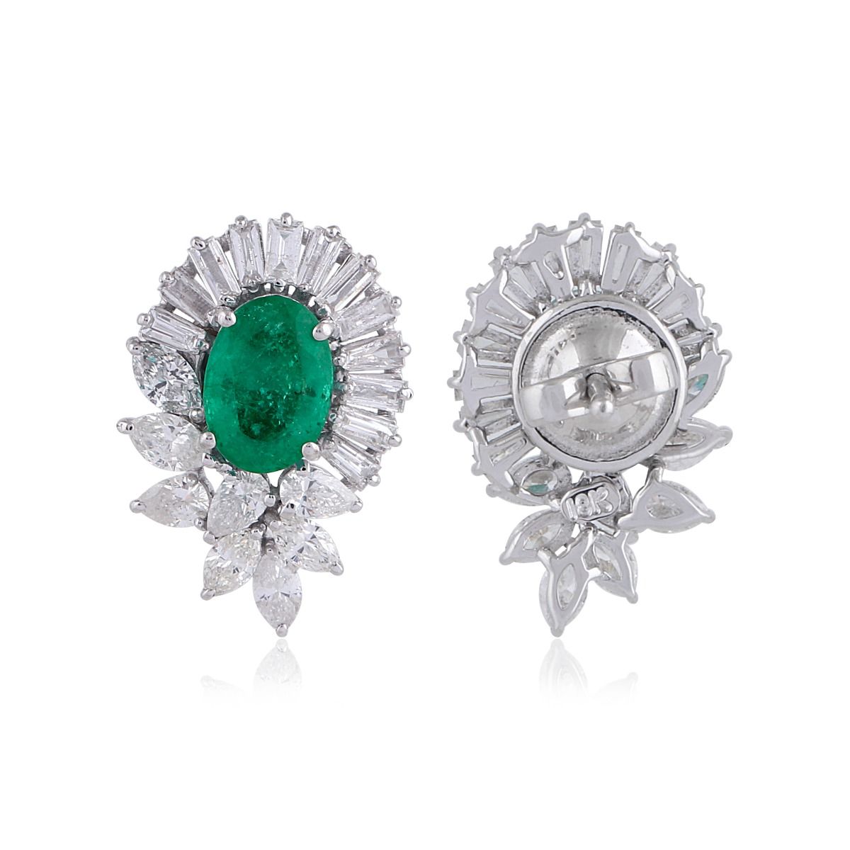 Oval Emerald Gemstone Baguette Pear Diamond 18k White Gold Stud Earrings