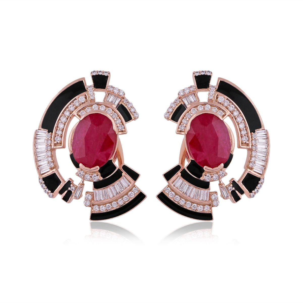 Solid 18k Rose Gold Ruby Gemstone Black Enamel Baguette Diamond Stud Earrings