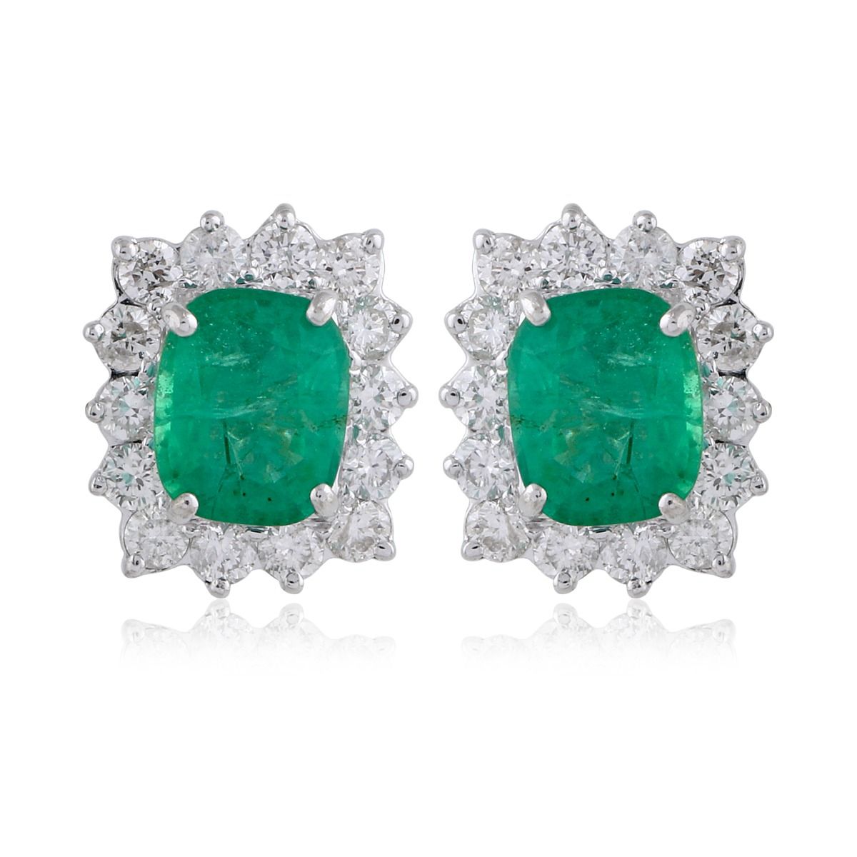 Natural Oval Shaped Emerald Solid 18 Kt White Gold SI Clarity HI Color Diamond Fine Stud Earrings