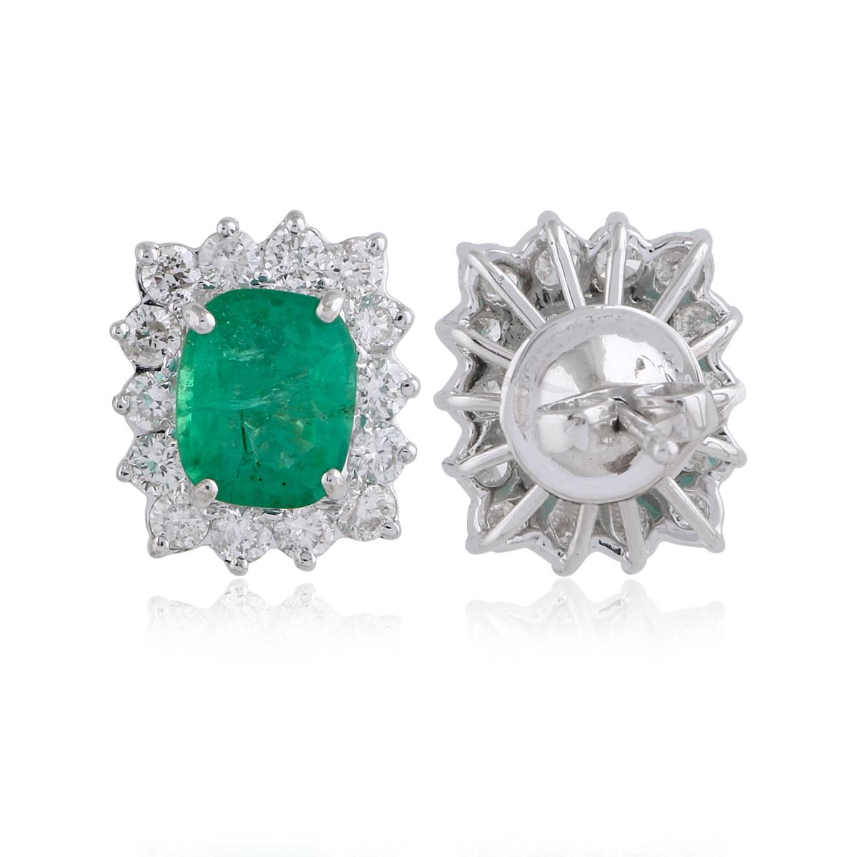 Natural Oval Shaped Emerald Solid 18 Kt White Gold SI Clarity HI Color Diamond Fine Stud Earrings