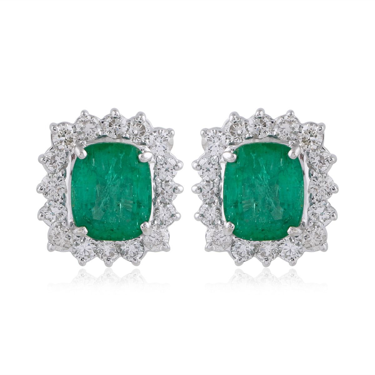 Solid 18 Kt White Gold SI Clarity HI Color Diamond Emerald Handmade Stud Earrings