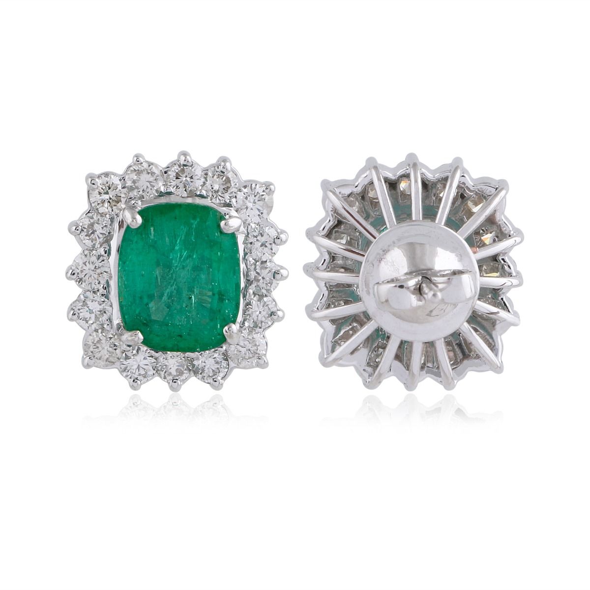 Solid 18 Kt White Gold SI Clarity HI Color Diamond Emerald Handmade Stud Earrings