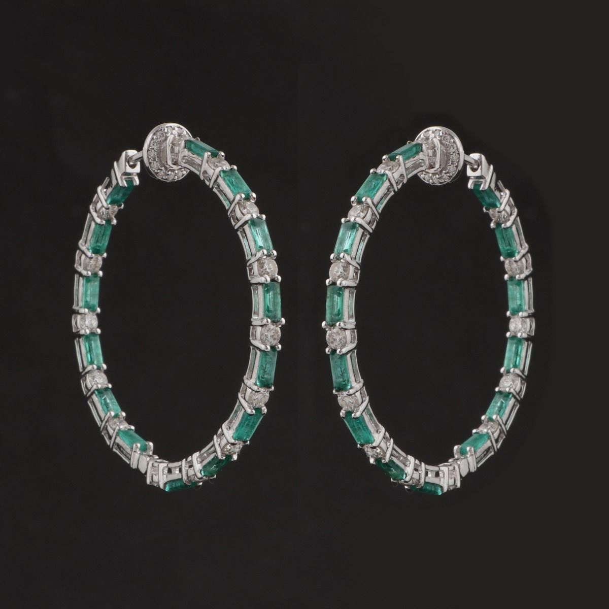 Real Emerald Solid 18 Kt White Gold SI Clarity HI Color Diamond Fine Hoop Earrings