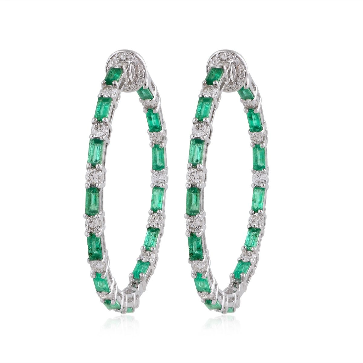 Real Emerald Solid 18 Kt White Gold SI Clarity HI Color Diamond Fine Hoop Earrings