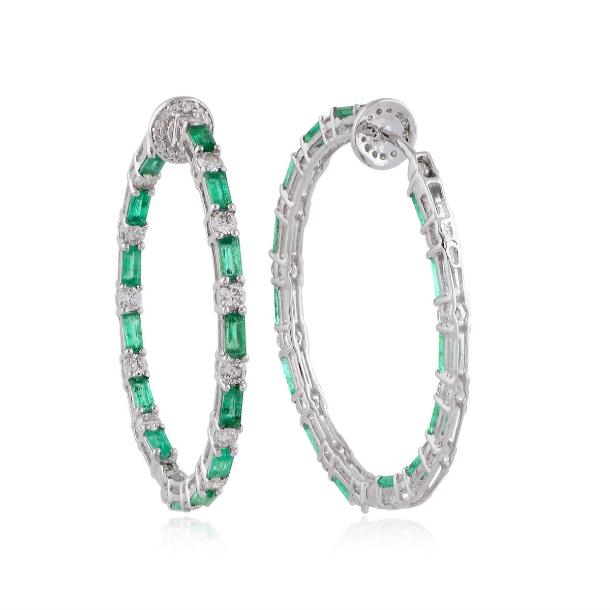 Real Emerald Solid 18 Kt White Gold SI Clarity HI Color Diamond Fine Hoop Earrings