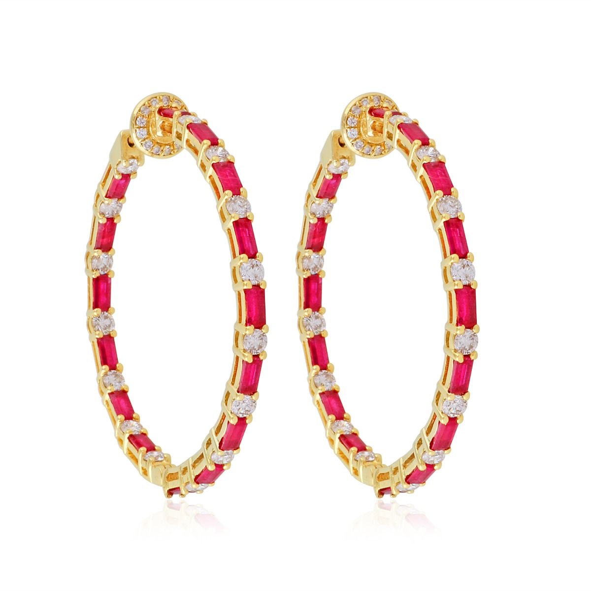 Real Ruby Solid 18 Kt Yellow Gold SI Clarity HI Color Diamond Fine Hoop Earrings