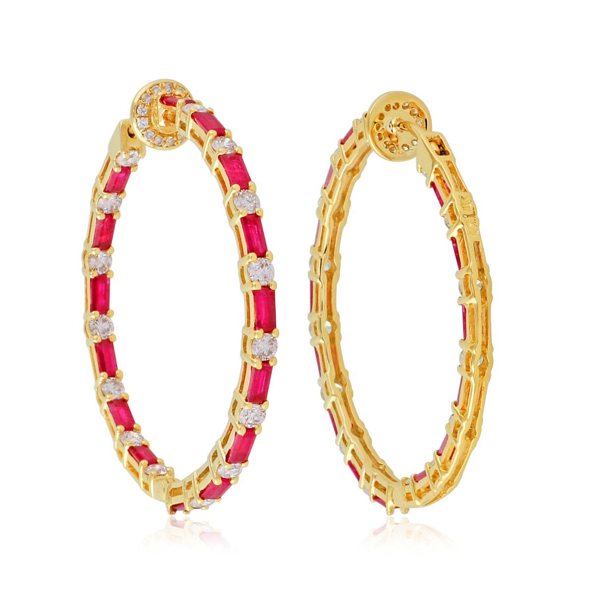 Real Ruby Solid 18 Kt Yellow Gold SI Clarity HI Color Diamond Fine Hoop Earrings