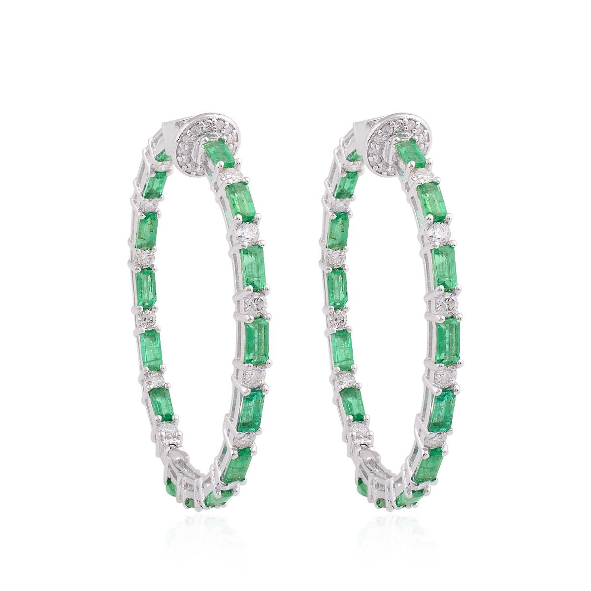 Real Emerald Solid 18 Kt White Gold SI Clarity HI Color Diamond Handmade Hoop Earrings