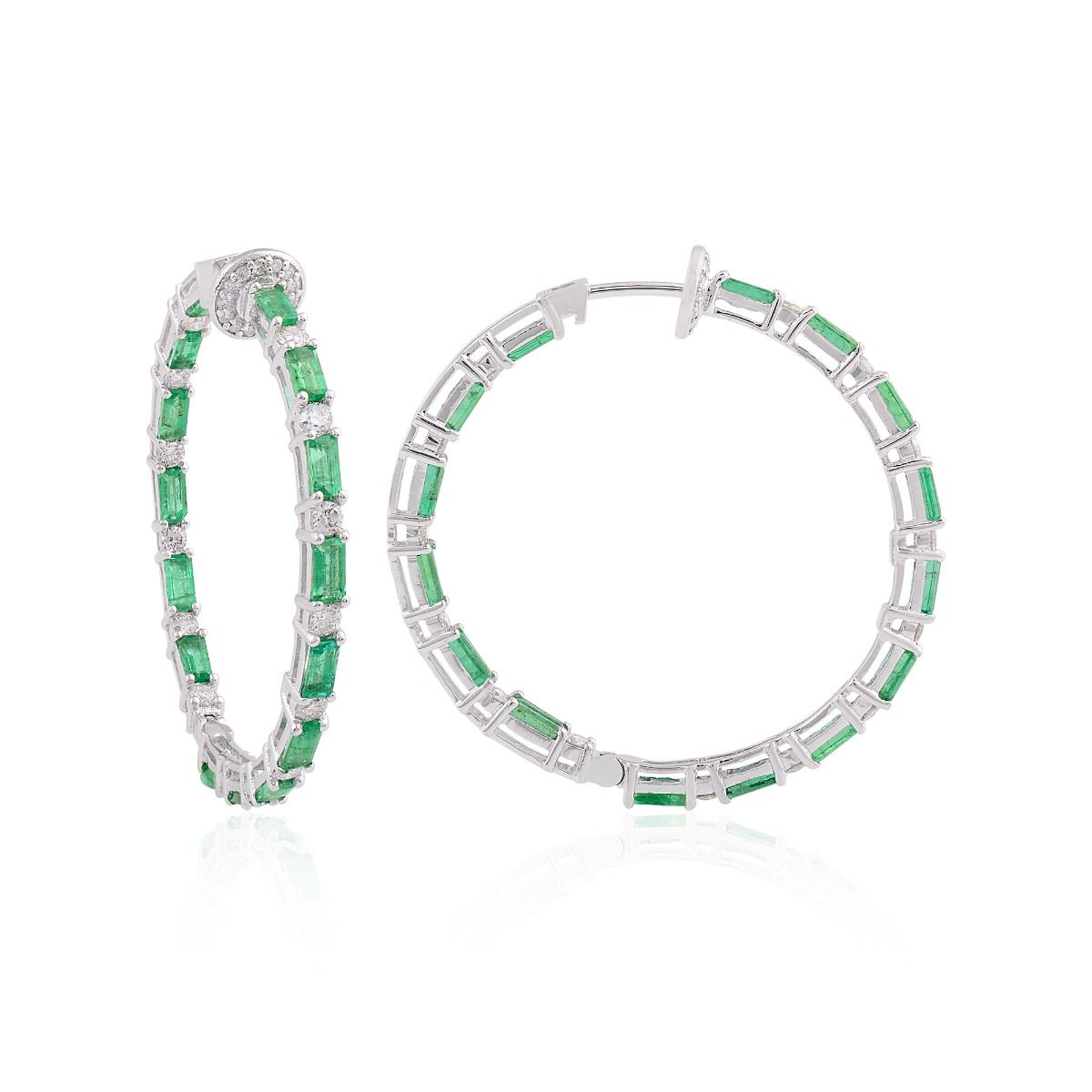 Real Emerald Solid 18 Kt White Gold SI Clarity HI Color Diamond Handmade Hoop Earrings