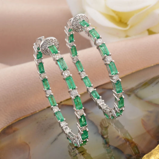 Real Emerald Solid 18 Kt White Gold SI Clarity HI Color Diamond Handmade Hoop Earrings