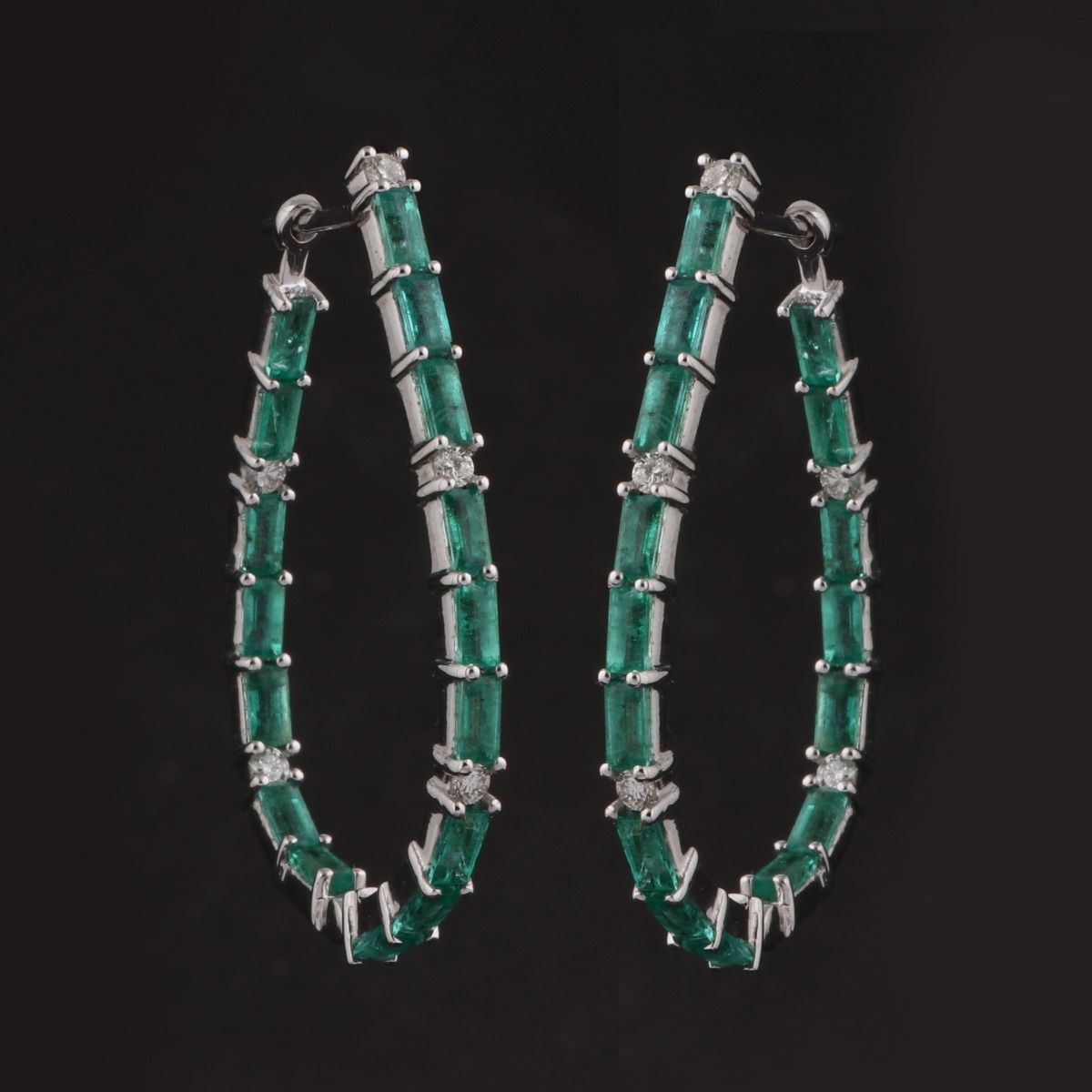 Natural Emerald Solid 18 Kt White Gold SI Clarity HI Color Diamond Handmade Hoop Earrings