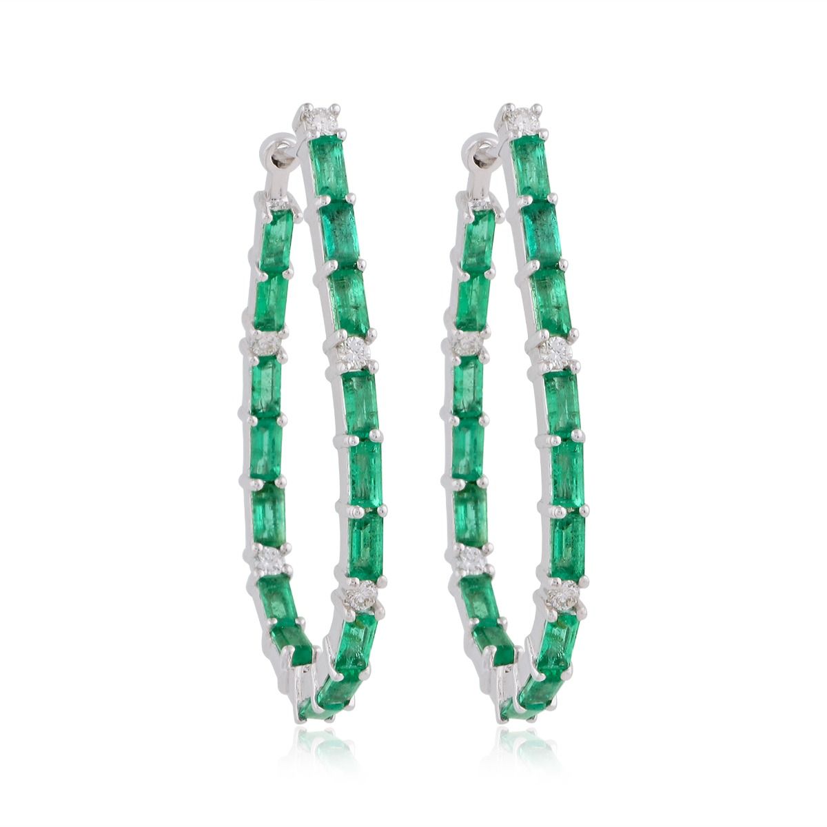 Natural Emerald Solid 18 Kt White Gold SI Clarity HI Color Diamond Handmade Hoop Earrings