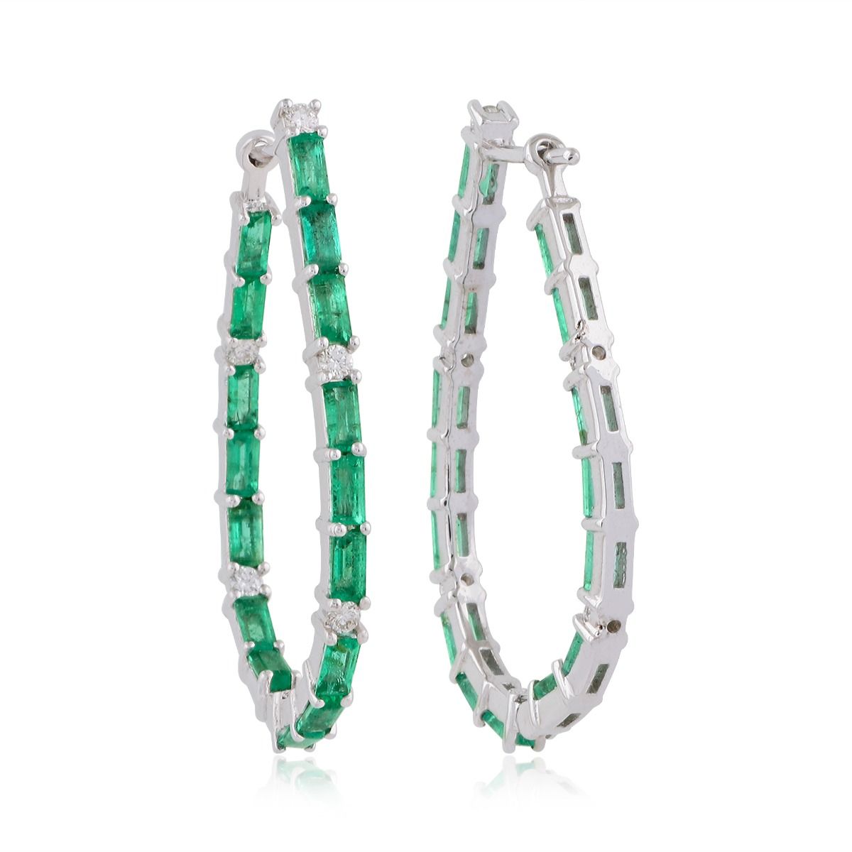 Natural Emerald Solid 18 Kt White Gold SI Clarity HI Color Diamond Handmade Hoop Earrings