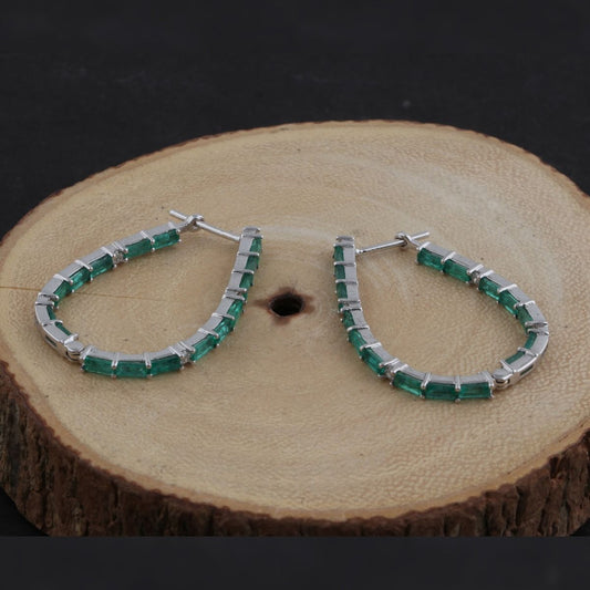 Natural Emerald Solid 18 Kt White Gold SI Clarity HI Color Diamond Handmade Hoop Earrings