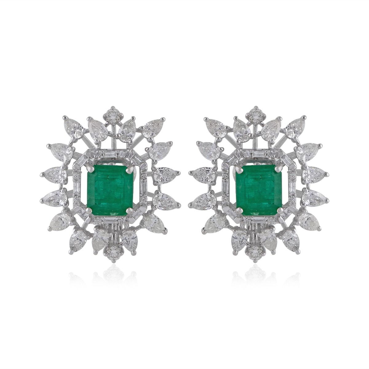 Genuine Emerald Gemstone Diamond Solid 18k White Gold Jewelry Stud Earrings