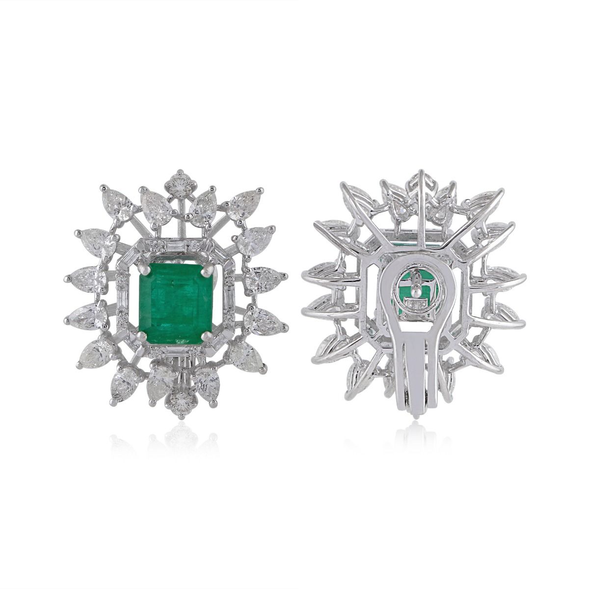 Genuine Emerald Gemstone Diamond Solid 18k White Gold Jewelry Stud Earrings