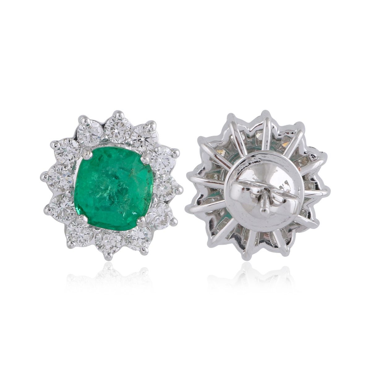 Natural Emerald Solid 18 Kt White Gold SI Clarity HI Color Diamond Handmade Stud Earrings