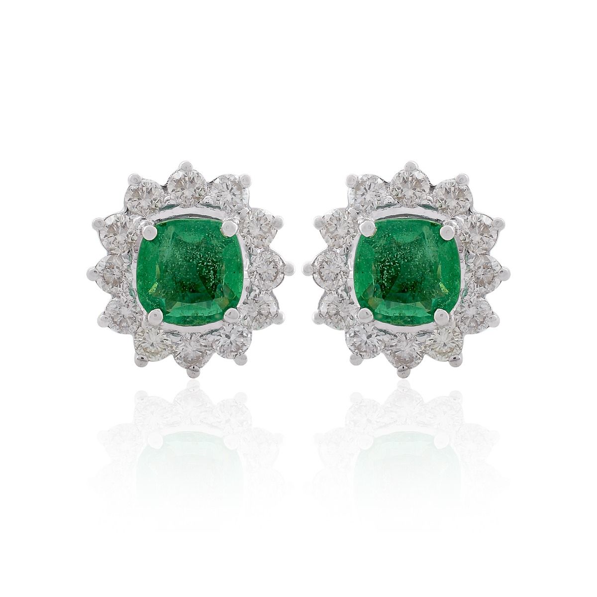 18k White Gold 3.16 TCW SI Clarity HI Color Diamond Zambian Emerald Gemstone Flower Shape Stud Earring For Girls & Women , Jewelry For Women