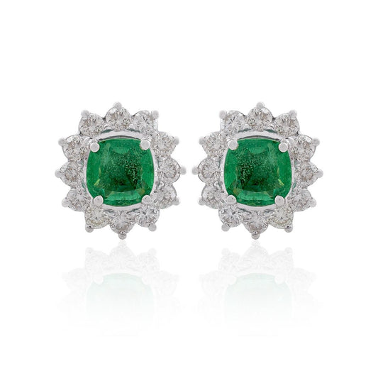 18k White Gold 3.16 TCW SI Clarity HI Color Diamond Zambian Emerald Gemstone Flower Shape Stud Earring For Girls & Women , Jewelry For Women