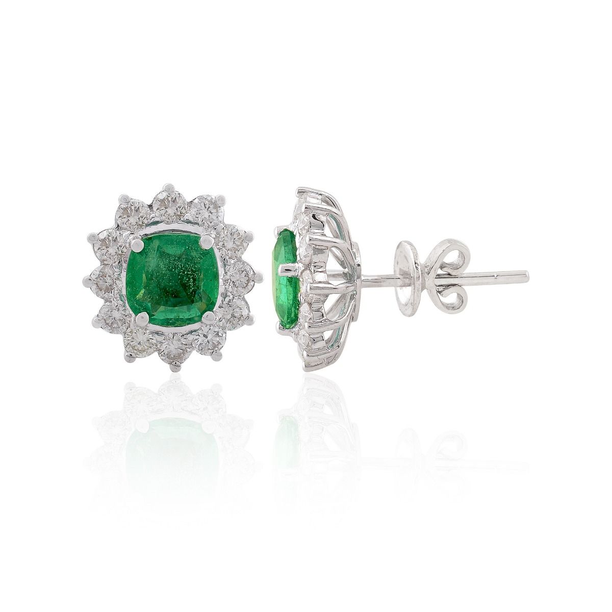 18k White Gold 3.16 TCW SI Clarity HI Color Diamond Zambian Emerald Gemstone Flower Shape Stud Earring For Girls & Women , Jewelry For Women