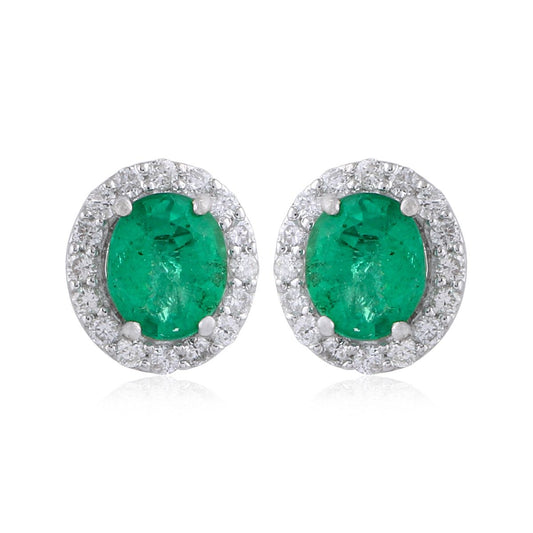 Oval Shaped Emerald Solid 18 Kt White Gold SI Clarity HI Color Diamond Fine Stud Earrings