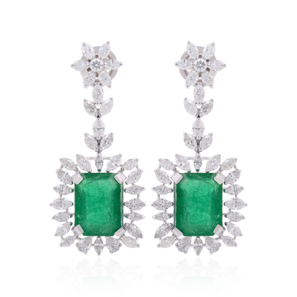 Rectangle Shaped Emerald Solid 18 Kt White Gold SI Clarity HI Color Marquise Shaped Diamond Fine Dangle Earrings