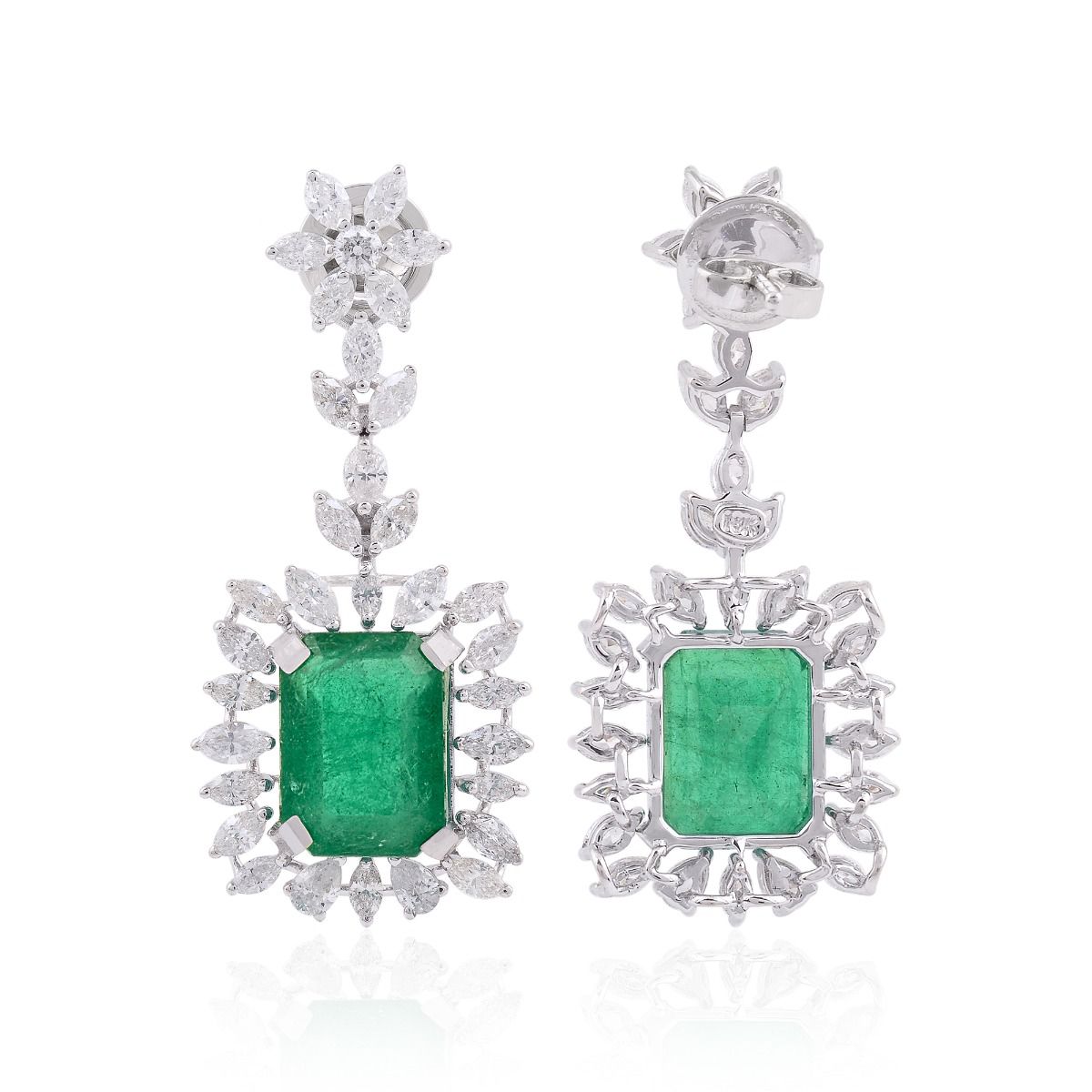 Rectangle Shaped Emerald Solid 18 Kt White Gold SI Clarity HI Color Marquise Shaped Diamond Fine Dangle Earrings