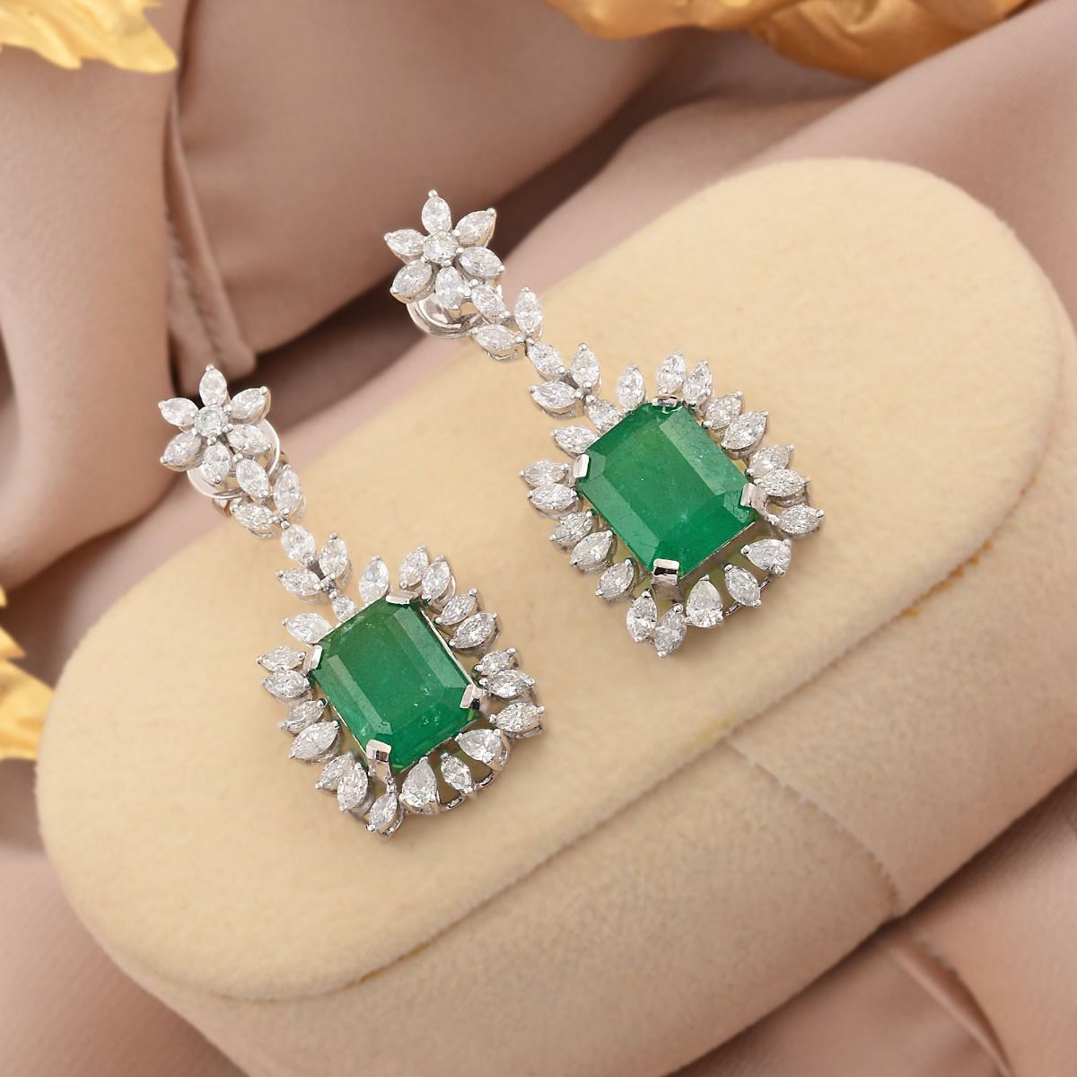 Rectangle Shaped Emerald Solid 18 Kt White Gold SI Clarity HI Color Marquise Shaped Diamond Fine Dangle Earrings