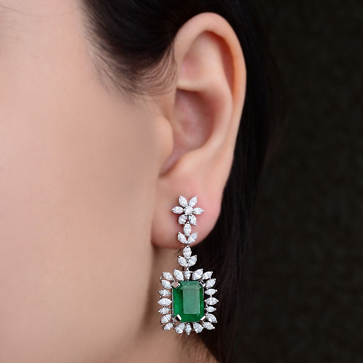 Rectangle Shaped Emerald Solid 18 Kt White Gold SI Clarity HI Color Marquise Shaped Diamond Fine Dangle Earrings