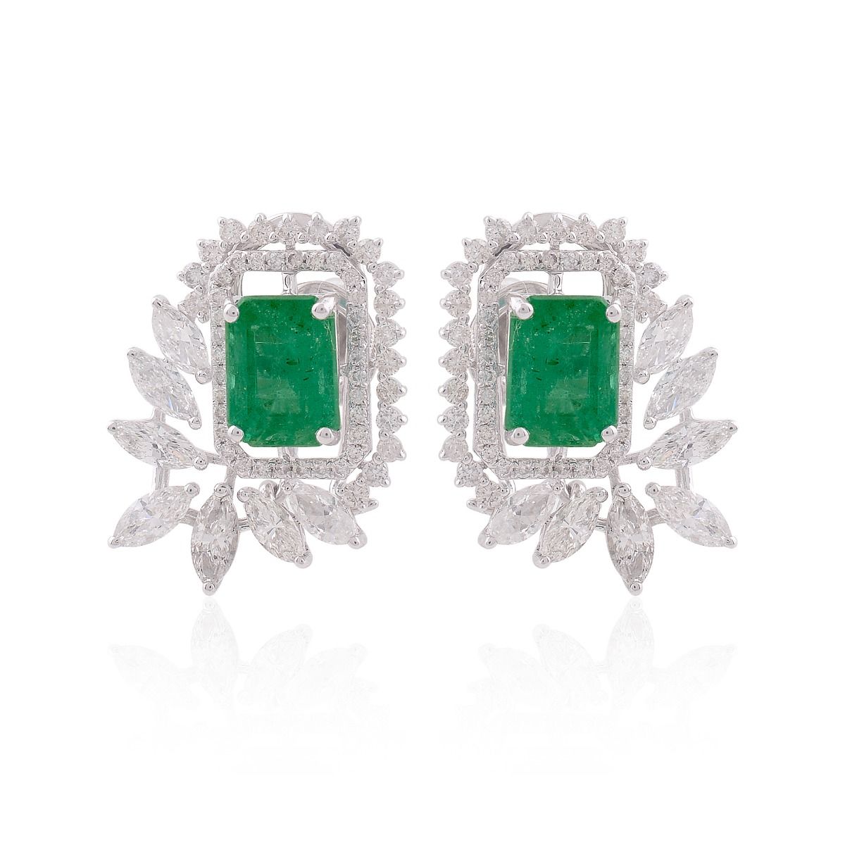 18k White Gold 5.46 TCW SI Clarity HI Color Diamond Zambian Emerald Gemstone Stud Earrings Jewelry For Women