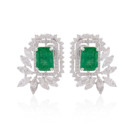 18k White Gold 5.46 TCW SI Clarity HI Color Diamond Zambian Emerald Gemstone Stud Earrings Jewelry For Women