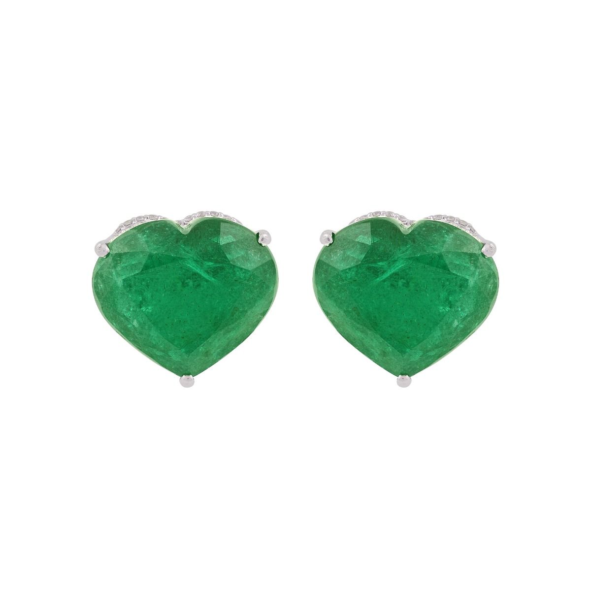 Heart Shape Zambian Emerald Gemstone In 18k White Gold 17.63 TCW SI Clarity HI Color Diamond Stud Earrings Handmade Jewelry For women