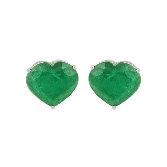 Heart Shape Zambian Emerald Gemstone In 18k White Gold 17.63 TCW SI Clarity HI Color Diamond Stud Earrings Handmade Jewelry For women