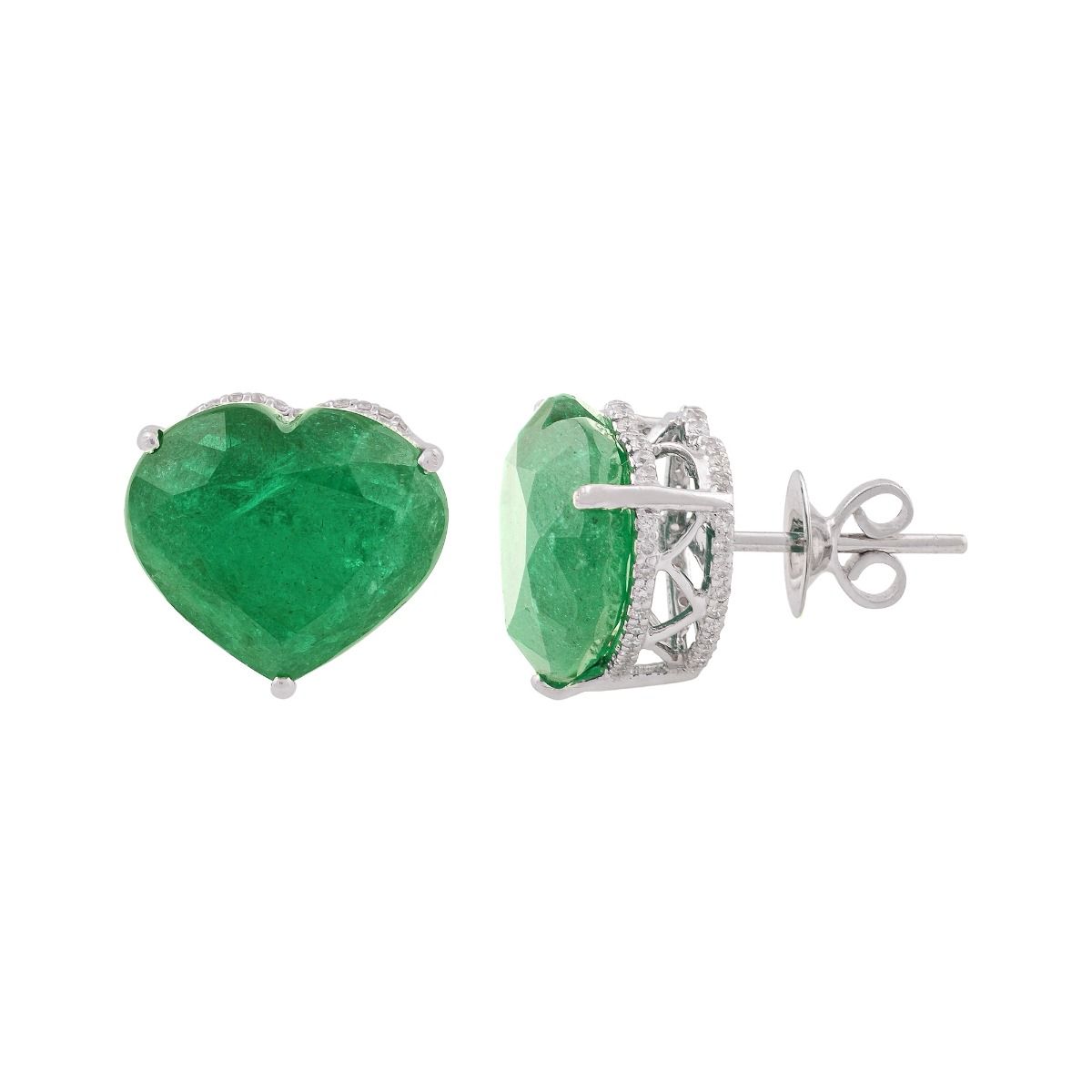 Heart Shape Zambian Emerald Gemstone In 18k White Gold 17.63 TCW SI Clarity HI Color Diamond Stud Earrings Handmade Jewelry For women