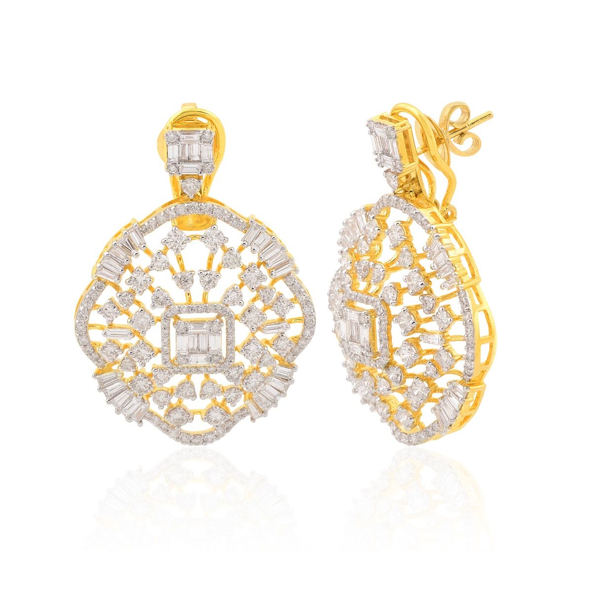 18k Yellow Gold 6.10 Ct Natural Baguette HI Color SI Clarity Diamond Dangle Design Earrings Jewelry | Party Wear Earrings