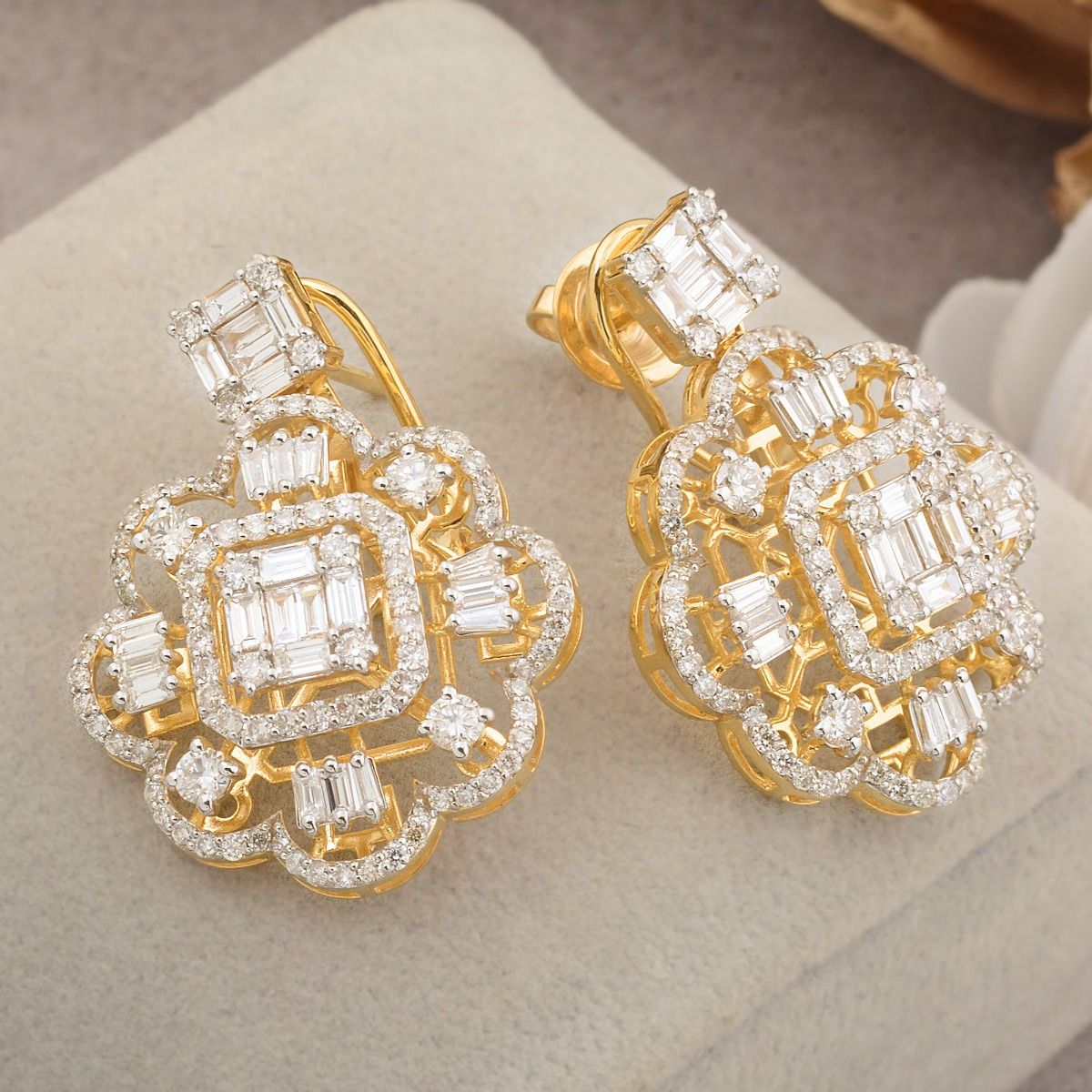 3.50 Ct Natural Baguette Diamond Earrings 18k Yellow Gold Floral Design Jewelry | Christmas Party Gift for Her