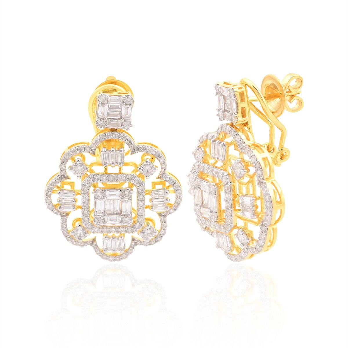 3.50 Ct Natural Baguette Diamond Earrings 18k Yellow Gold Floral Design Jewelry | Christmas Party Gift for Her