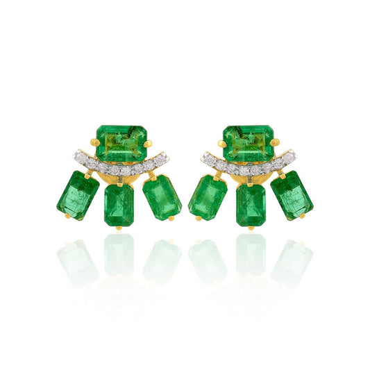 18k Yellow Gold 5.08 TCW SI Clarity HI color Diamond Zambian Emerald Gemstone Stud Earring Handmade Jewelry For women , Gift For Her