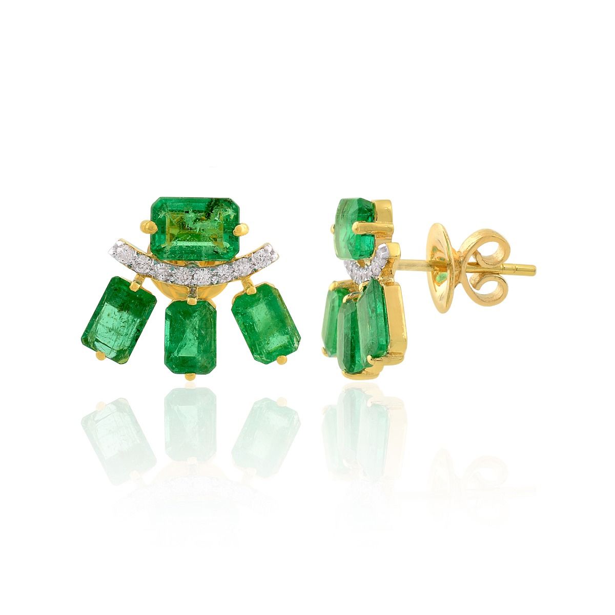 18k Yellow Gold 5.08 TCW SI Clarity HI color Diamond Zambian Emerald Gemstone Stud Earring Handmade Jewelry For women , Gift For Her