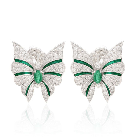 Real Diamond Oval Emerald Butterfly Stud Earrings 18k White Gold Fine Jewelry | Studs for Girls