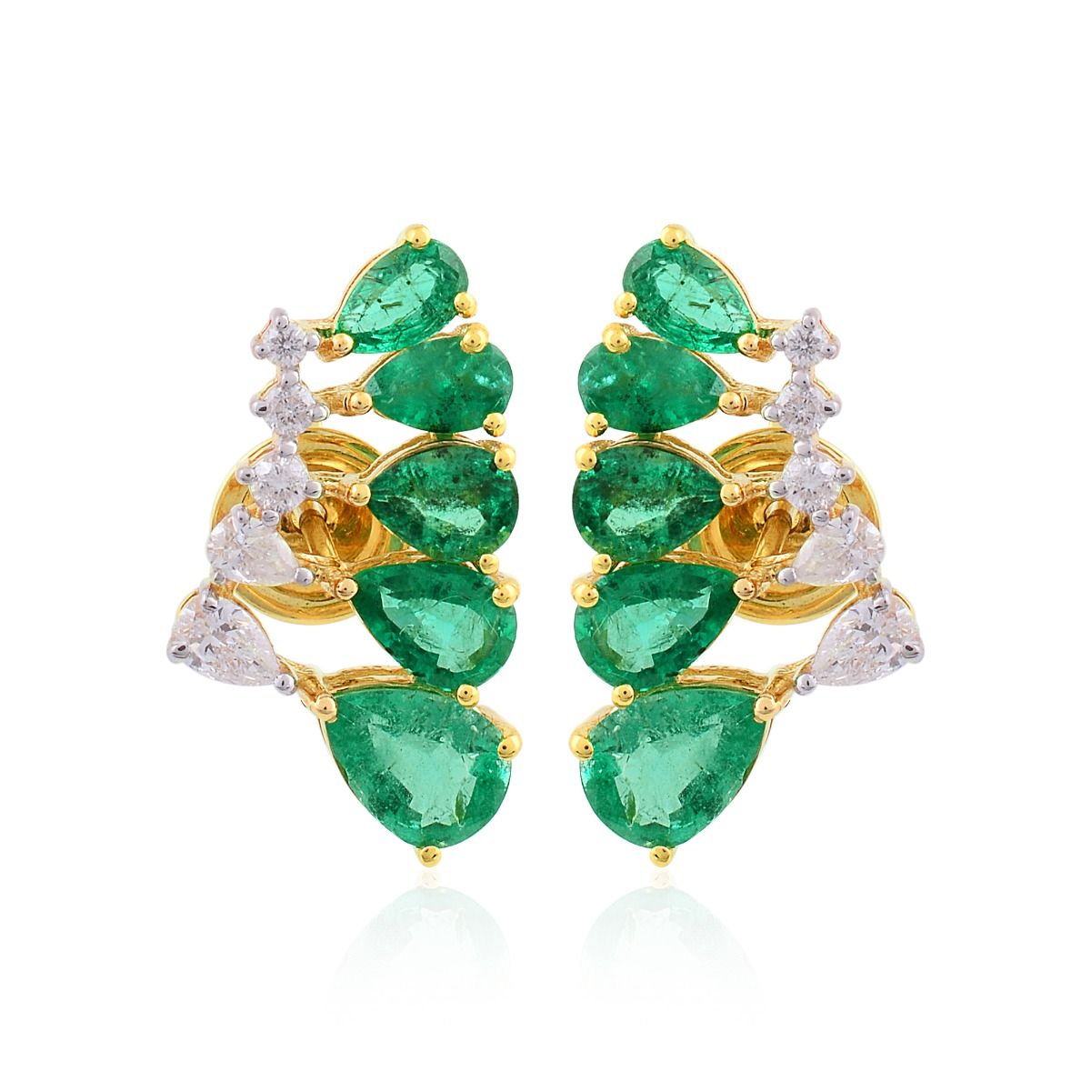 Pear Shaped Emerald & SI Clarity HI Color Diamond Solid 18 Kt Yellow Gold Handmade Earrings