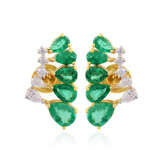 Pear Shaped Emerald & SI Clarity HI Color Diamond Solid 18 Kt Yellow Gold Handmade Earrings