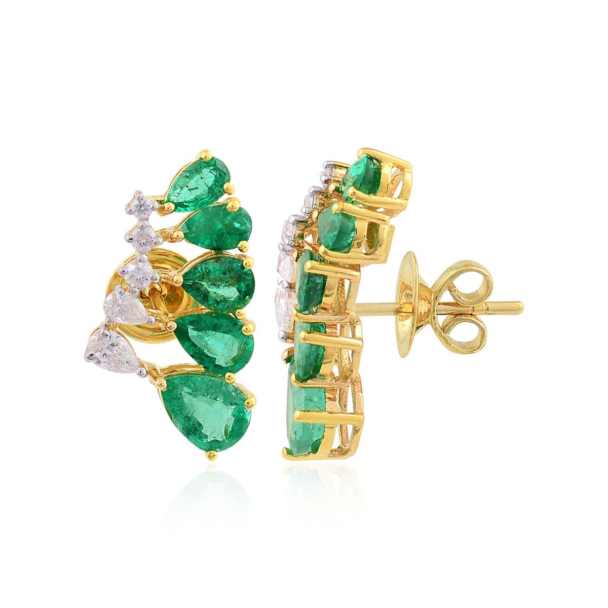 Pear Shaped Emerald & SI Clarity HI Color Diamond Solid 18 Kt Yellow Gold Handmade Earrings