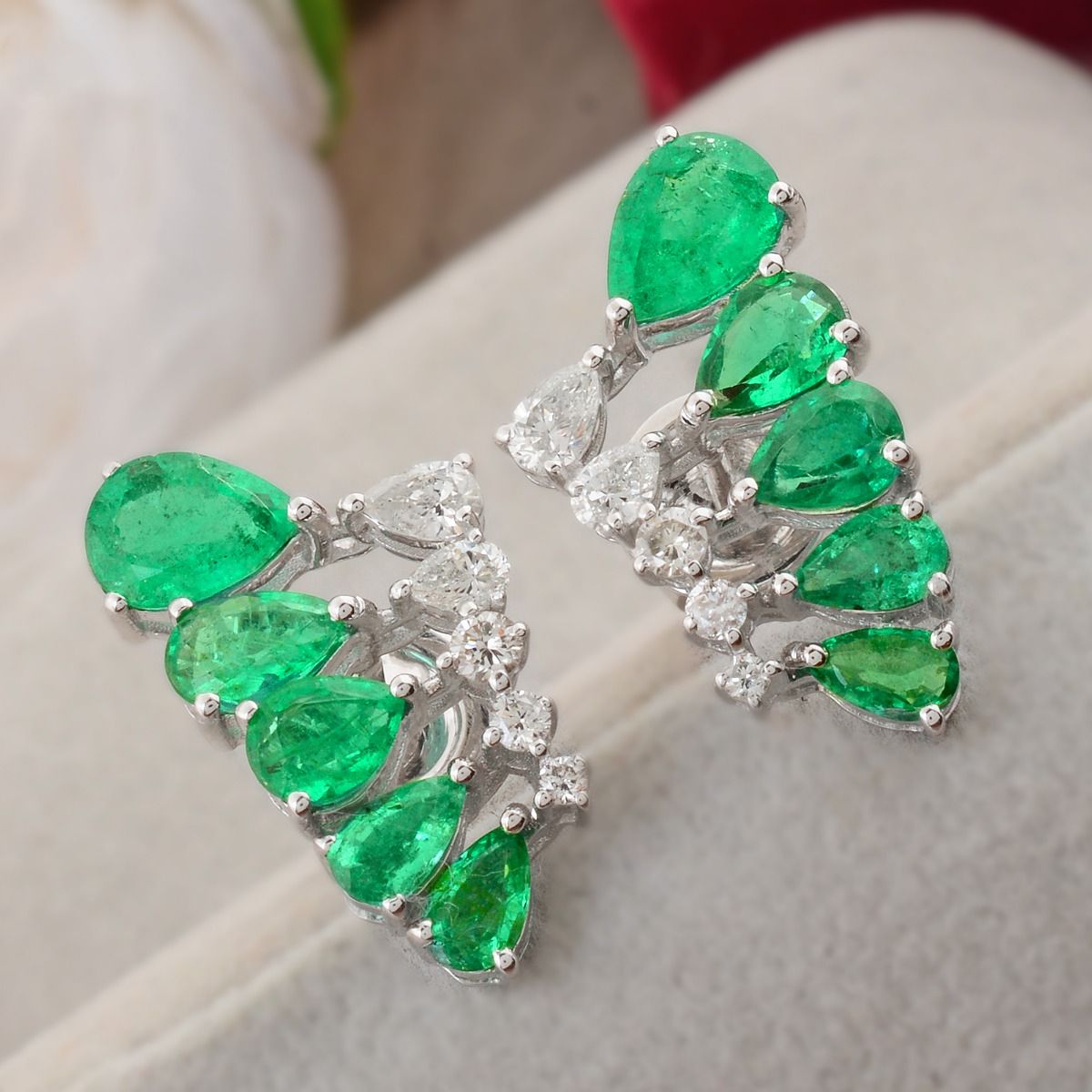 18k White Gold Stud Earrings 3.78 TCW SI Clarity HI Color Diamond Pear Zambian Emerald Stud Earrings Jewelry For Women , Women Ring